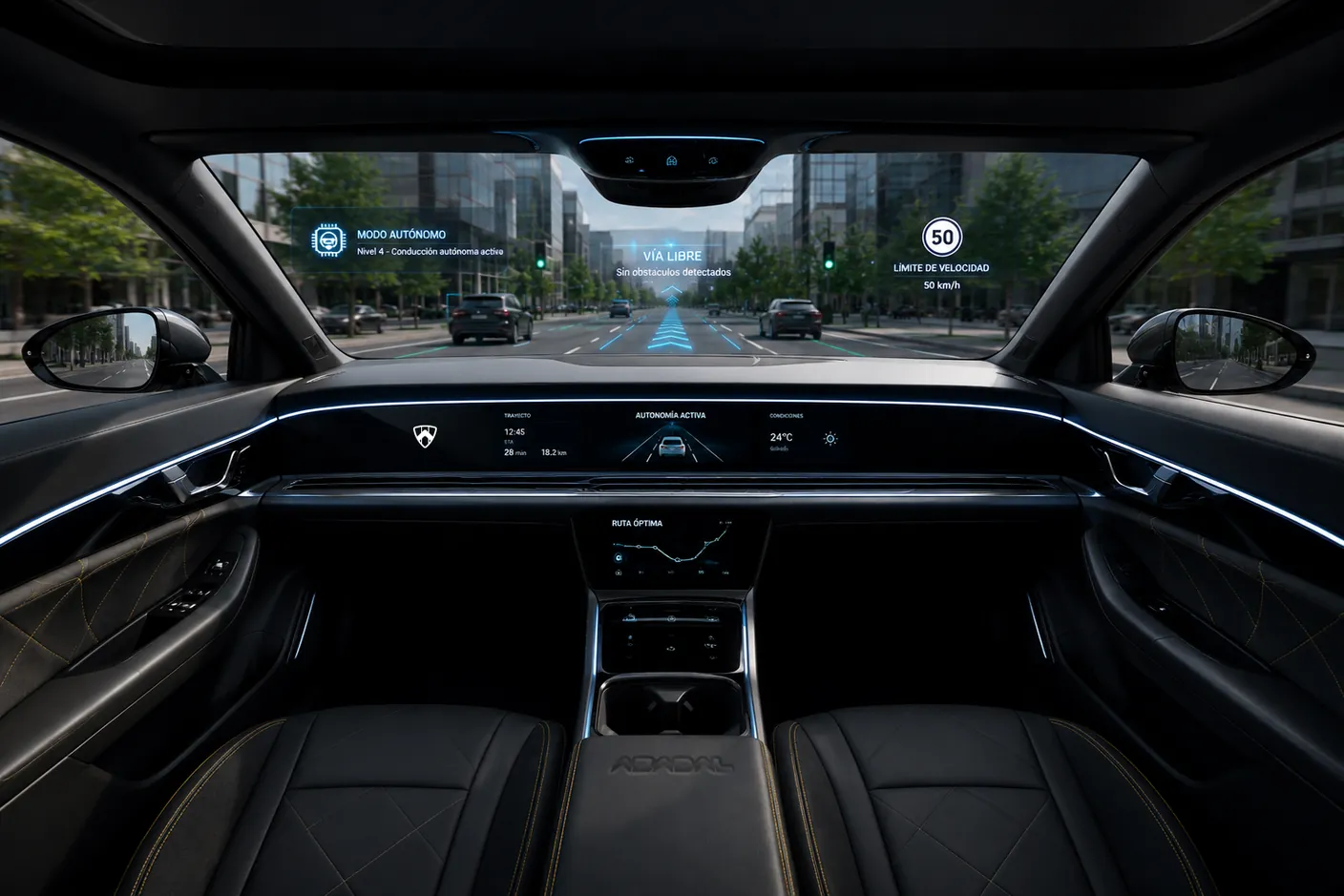 Futuristic interior of the ABADAL NOVO driving through the city in autonomous mode